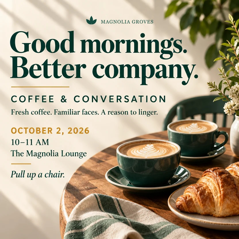 Good mornings. Better company. A Magnolia Groves coffee gathering social post.