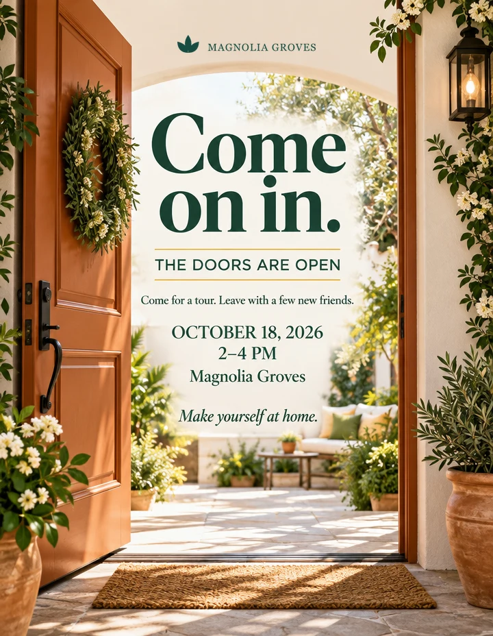 Come on in. A Magnolia Groves open-house invitation.